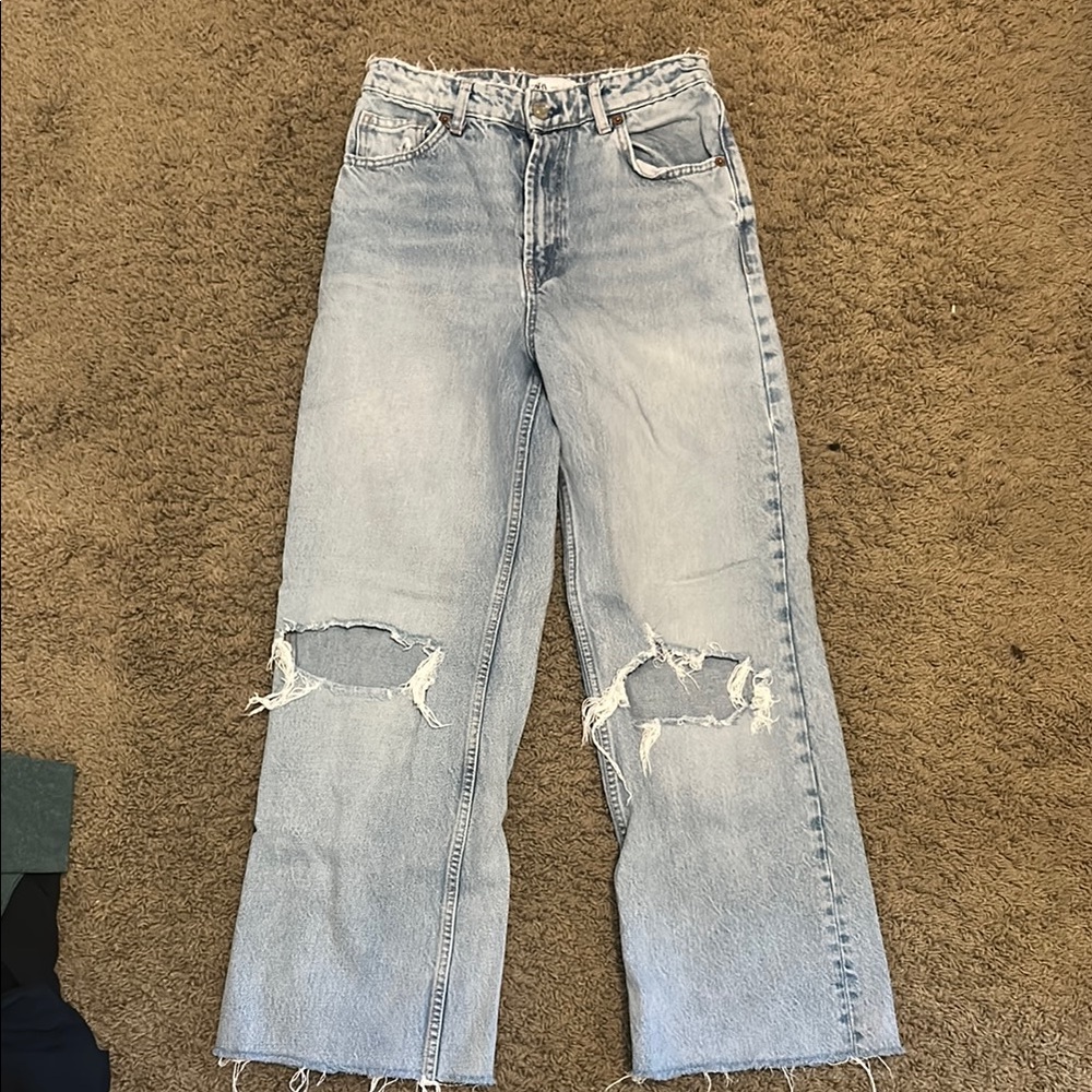 Zara Light Blue Distressed Wide Leg Jeans